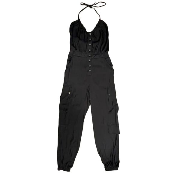 NWT Free People Black Satin Cargo Utility‎ Pocket Jumpsuit Size Medium - Picture 1 of 9